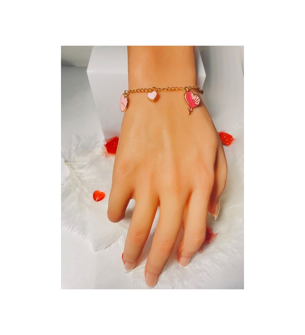 Bracelet coeur doré et rose avec inscription " I Love You"