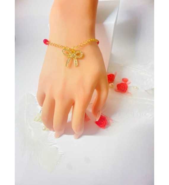 Noeud Lié –Bracelet ajustable perles rouges acier inoxydable doré