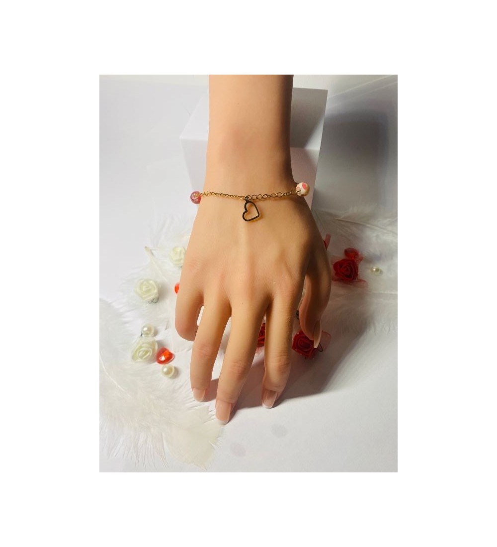 Bracelet doré avec pendentif cœur et perles Chinoises