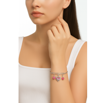 Cœur Papillon Rose – Bracelet plaqué argent 925 artisanal