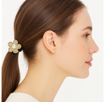 Élastique cheveux bijou Fleur Dorée – perle et pétales strassés