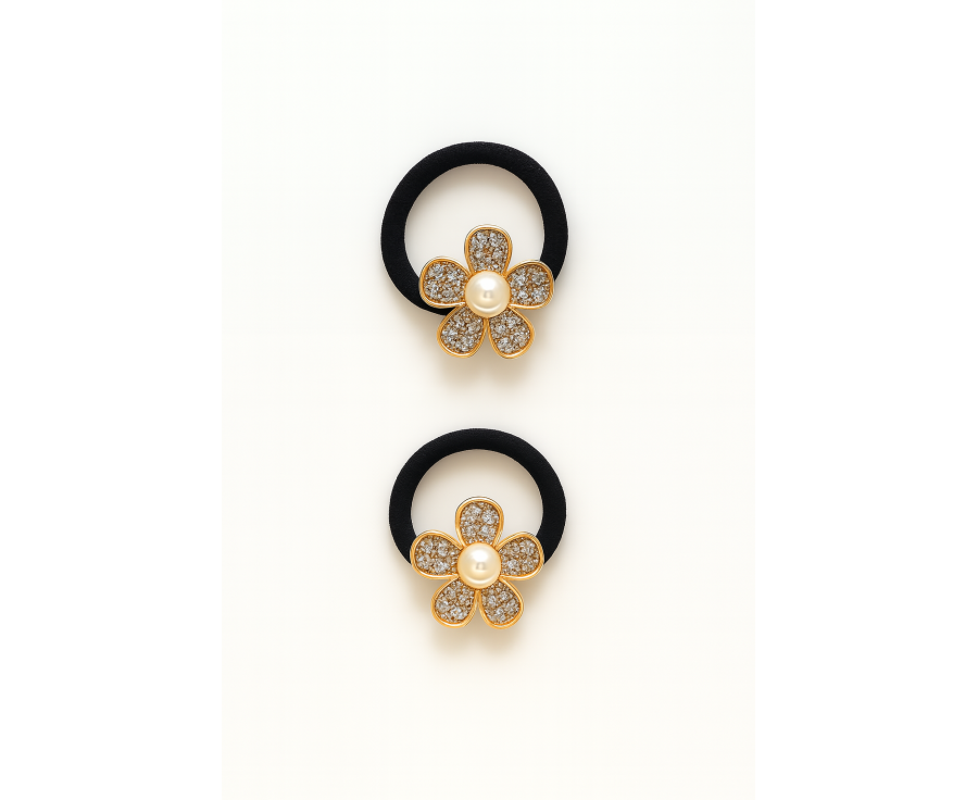 Élastique cheveux bijou Fleur Dorée – perle et pétales strassés Élastique cheveux bijou Fleur Dorée – perle et pétales strassés