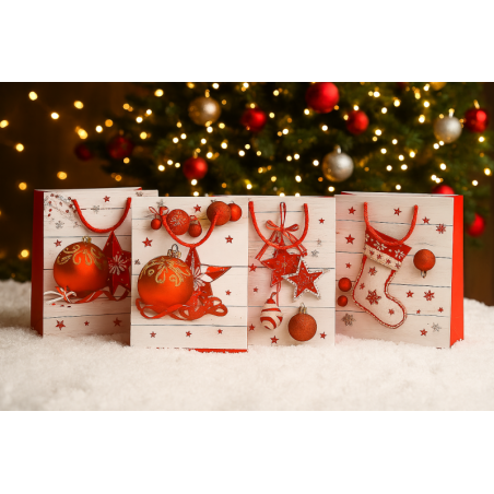 Sac cadeau Noël – Motifs traditionnels rouges et blancs