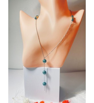 Collier argenté en acier inoxydable avec perles vert sapin