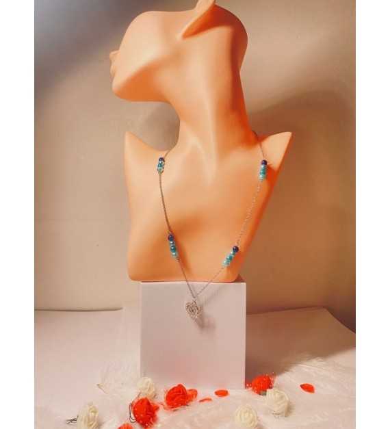 Cœur Bleu – Collier argenté avec perles bleues