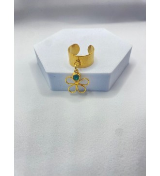 Bague ajustable en acier or avec pendentif fleur et pierre