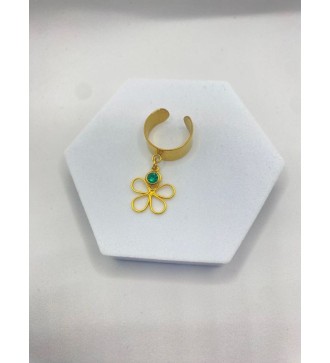 Bague ajustable en acier or avec pendentif fleur et pierre