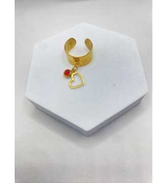 Bague ajustable or avec pendentif Cœur Rouge et pierre rouge