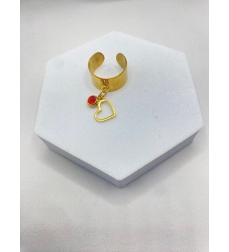 Bague ajustable or avec pendentif coeur et pierre rouge