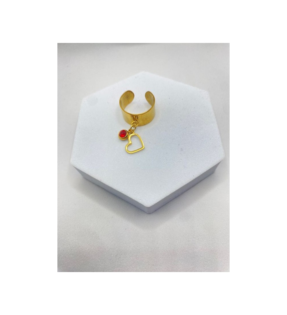 Bague ajustable or avec pendentif coeur et pierre rouge