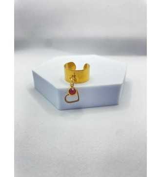 Bague ajustable or avec pendentif Cœur Rouge et pierre rouge