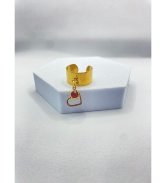 Bague ajustable or avec pendentif coeur et pierre rouge