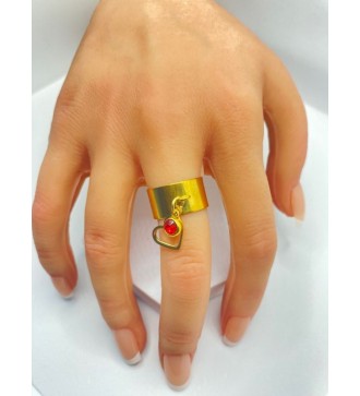 Bague ajustable or avec pendentif coeur et pierre rouge