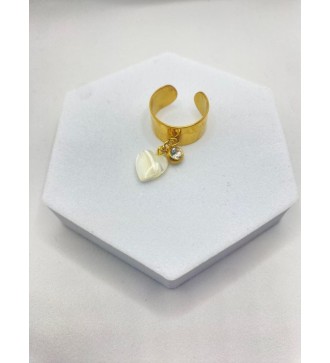 Bague ajustable or avec coeur nacré blanc et pierre