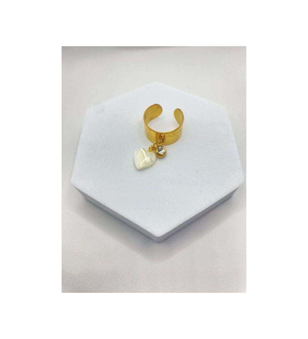 Bague ajustable or avec coeur nacré blanc et pierre
