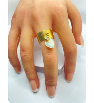 Bague ajustable or avec coeur nacré blanc et pierre