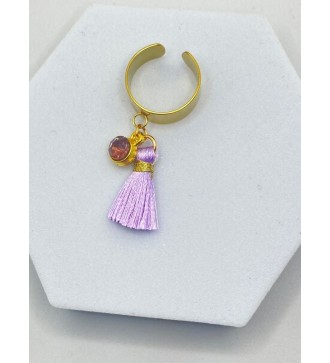 Bague ajustable or avec volant violet et pierre violette
