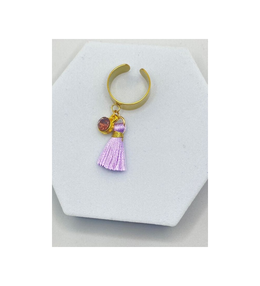 Bague ajustable or avec volant violet et pierre violette