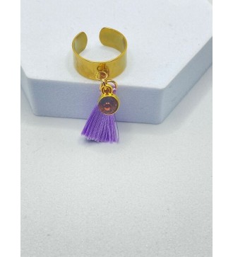 Bague ajustable or avec volant violet et pierre violette