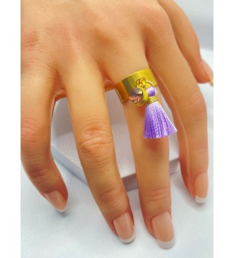 Bague ajustable or avec volant violet et pierre violette