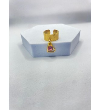 Bague ajustable or avec coeur doré et pierre rose