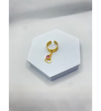 Bague ajustable or avec coeur doré et pierre rose