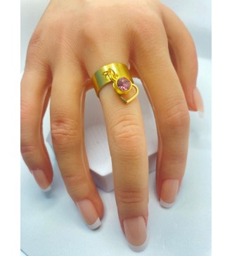 Bague ajustable or avec coeur doré et pierre rose