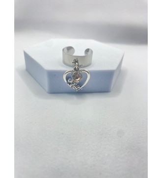 Bague ajustable argent coeur avec ange et pierre blanche