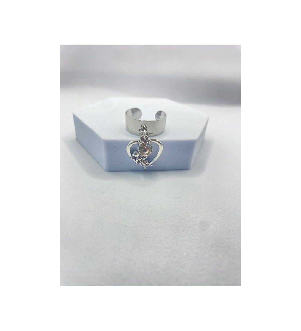 Bague ajustable argent coeur avec ange et pierre blanche