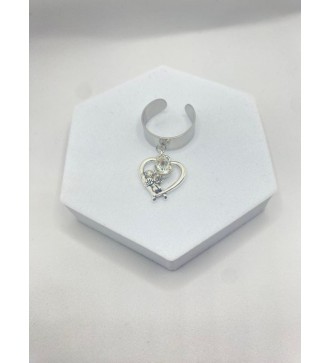 Bague ajustable argent coeur avec ange et pierre blanche