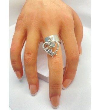 Bague ajustable argent coeur avec ange et pierre blanche