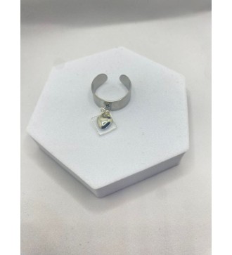 Bague ajustable argent avec pendentif carré et coeur