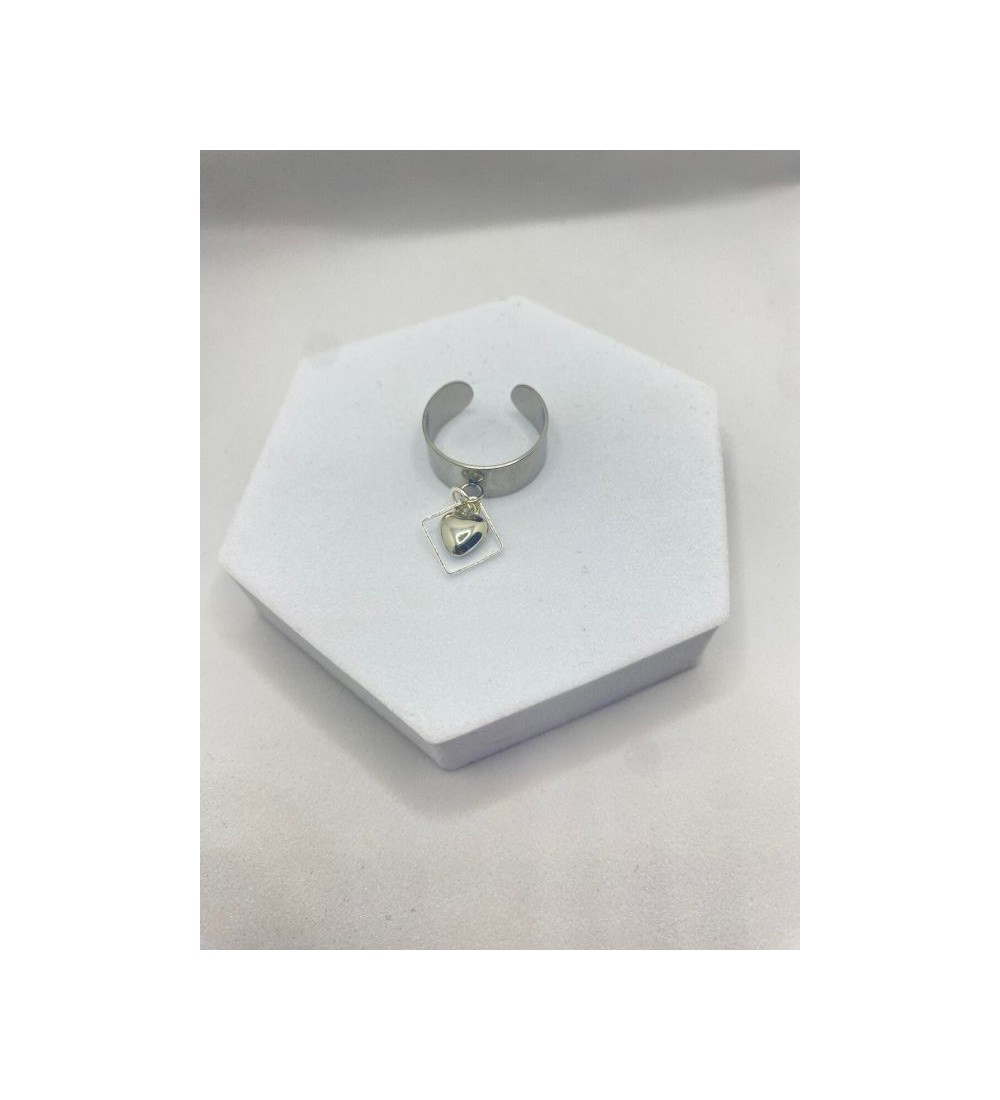 Bague ajustable argent avec pendentif carré et coeur
