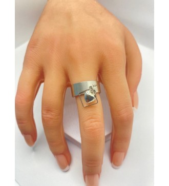 Bague ajustable argent avec pendentif carré et coeur