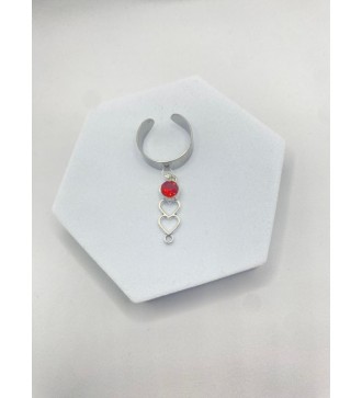 Bague ajustable argent avec cœur trio et pierre rouge