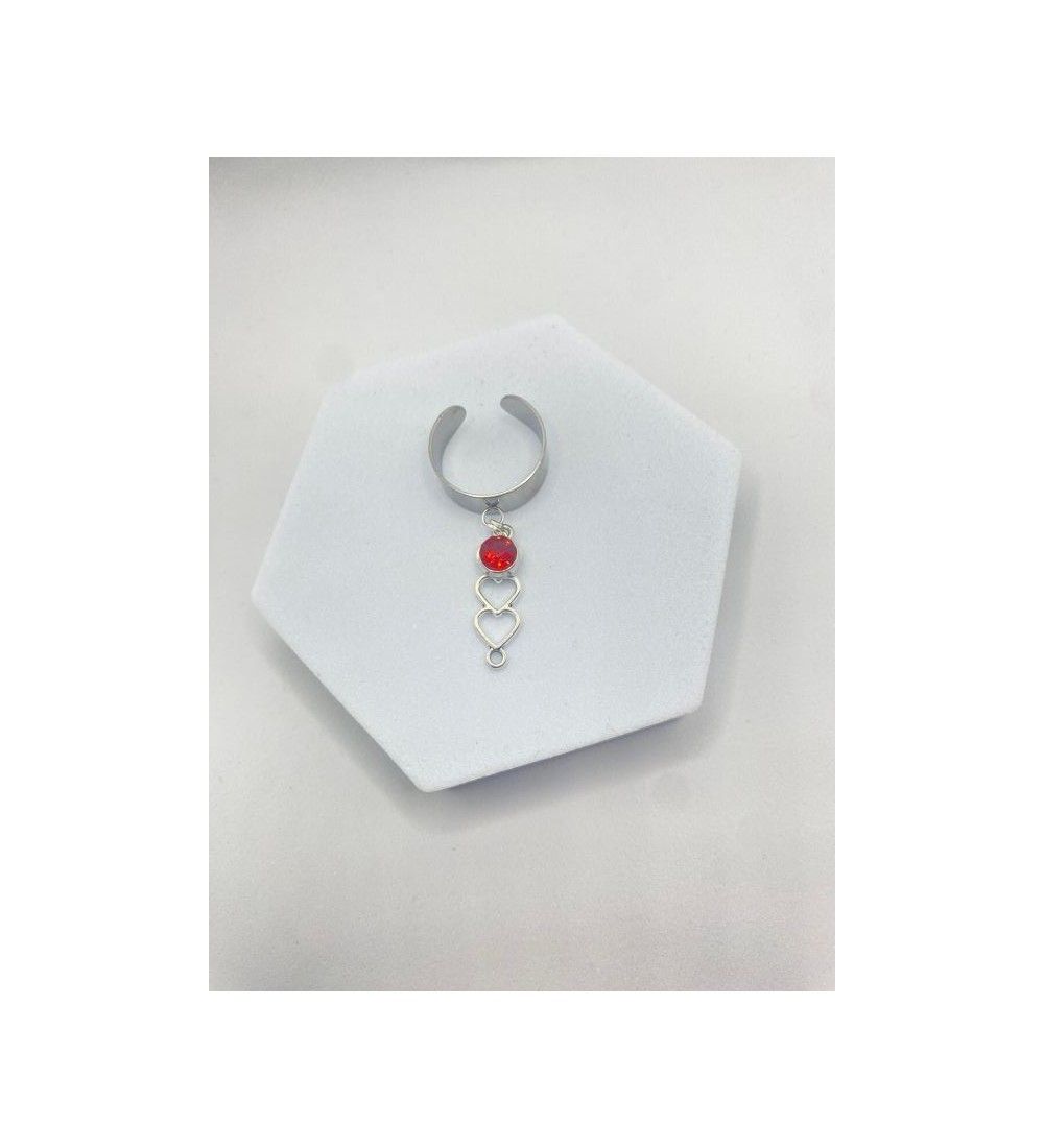 Bague ajustable argent avec cœur trio et pierre rouge
