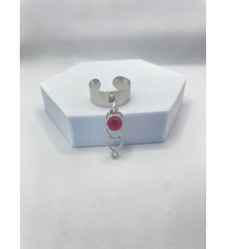 Bague ajustable argent avec cœur trio et pierre rouge