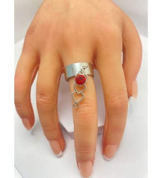 Bague ajustable argent avec cœur trio et pierre rouge