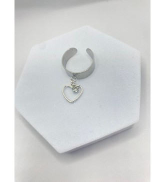 Bague ajustable argent avec cœur argenté et breloque strass