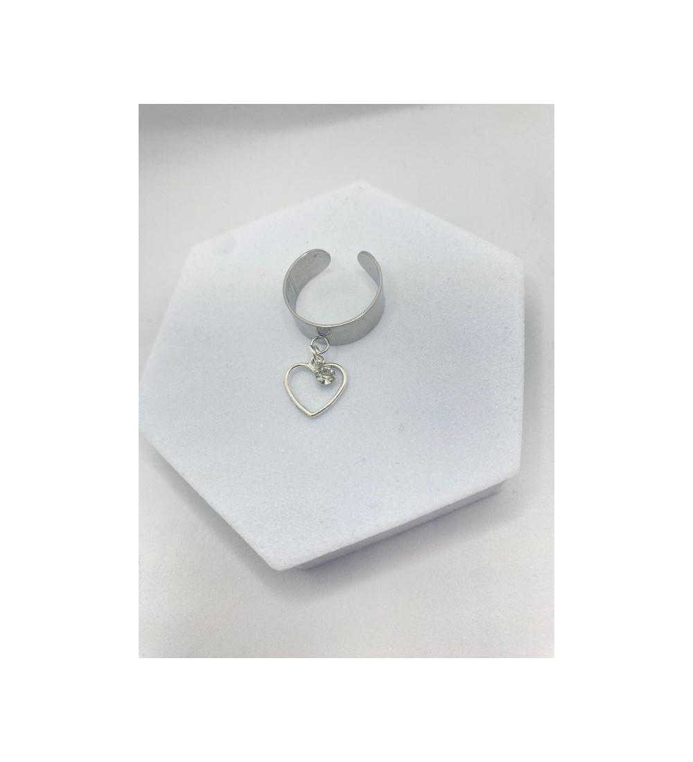 Bague ajustable argent avec cœur argenté et breloque strass