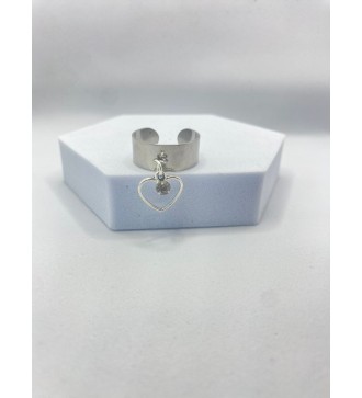 Bague ajustable argent avec cœur argenté et breloque strass