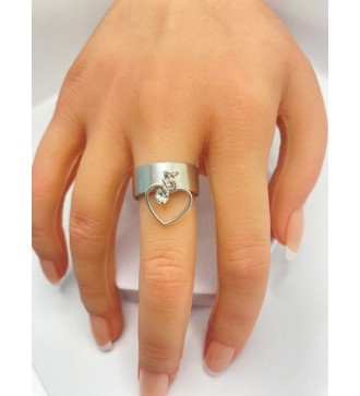 Bague ajustable argent avec cœur argenté et breloque strass