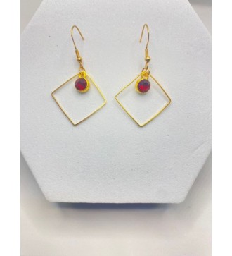 Boucles d'oreilles losange or , pendentif pierre rouge