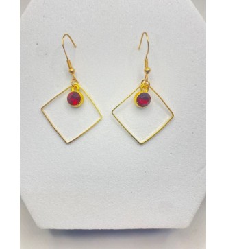 Boucles d'oreilles losange or , pendentif pierre rouge