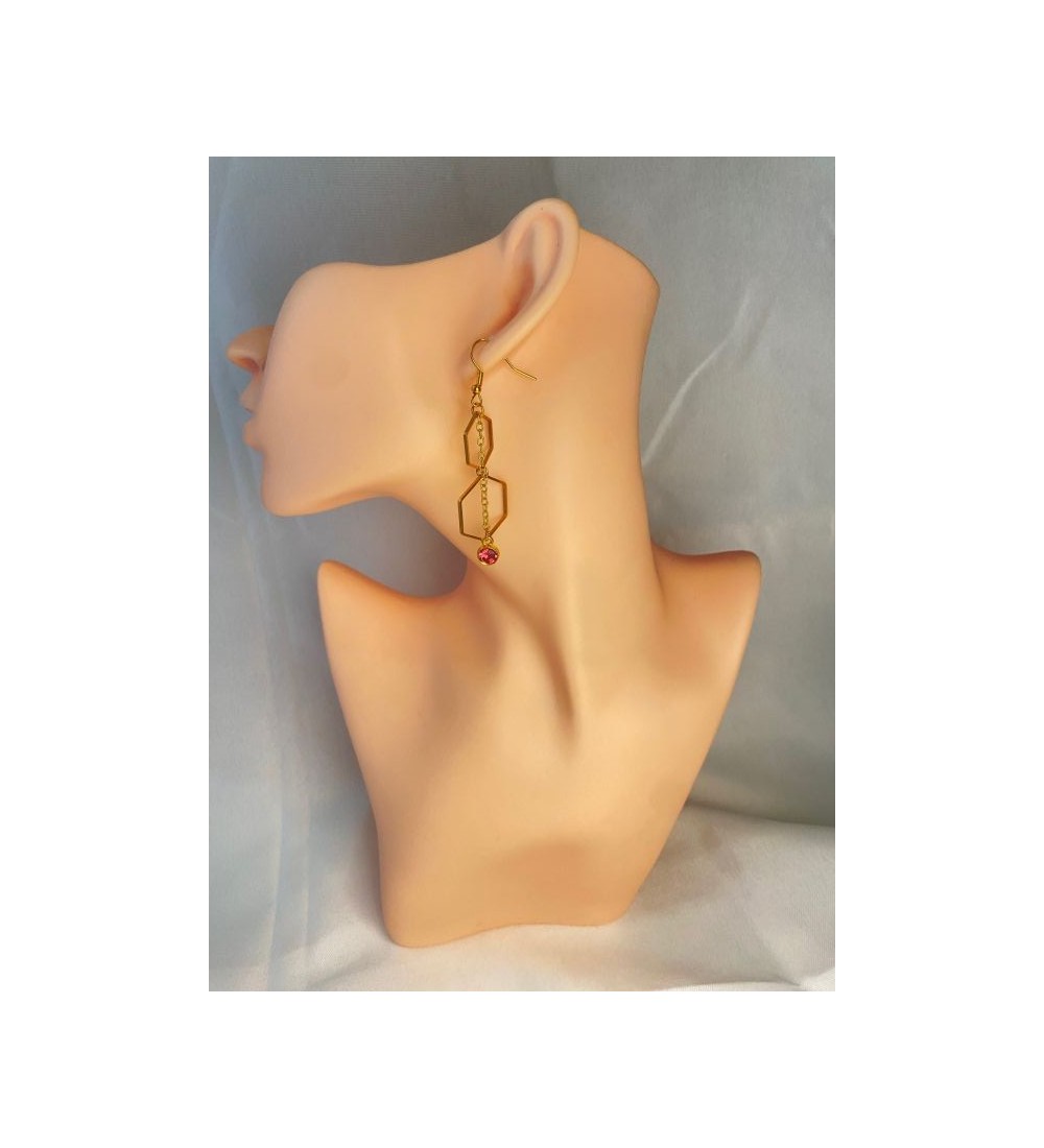 Boucles d'oreilles pendantes en or , octogonales et pierre rose