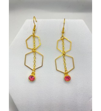 Boucles d'oreilles pendantes en or , octogonales et pierre rose