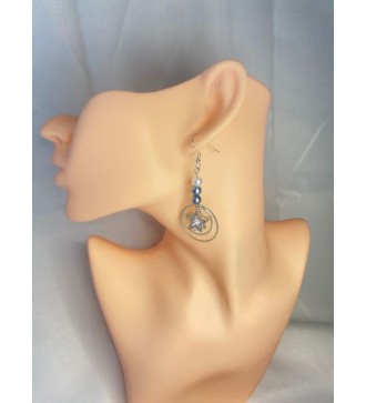 Boucles d'oreilles pendantes argent , perles et étoile