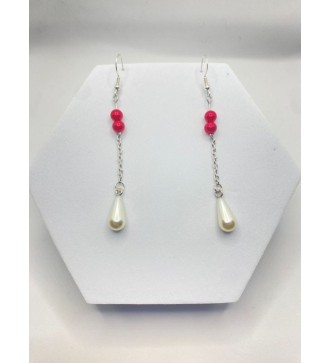 Boucles d'oreilles pendantes argent , perles rouges et blanches