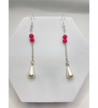 Boucles d'oreilles pendantes argent , perles rouges et blanches