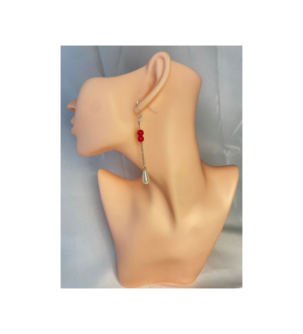 Boucles d'oreilles pendantes argent , perles rouges et blanches
